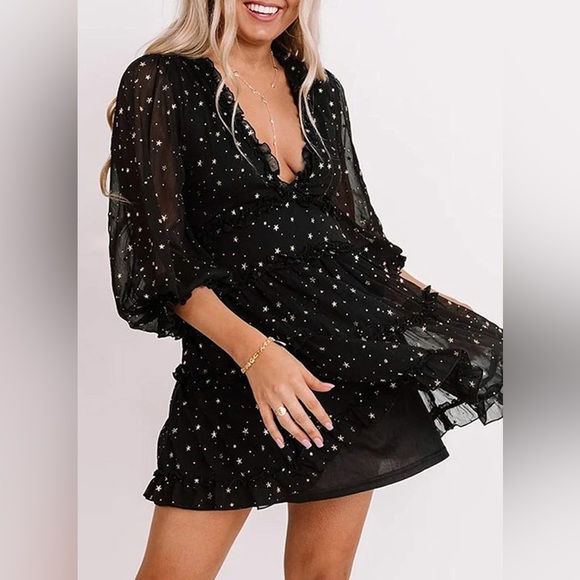 Glitter Stars V-Neck Backless Long Sleeve Ruffle Mini Dress - Witch’s Costume - Picture 13 of 16